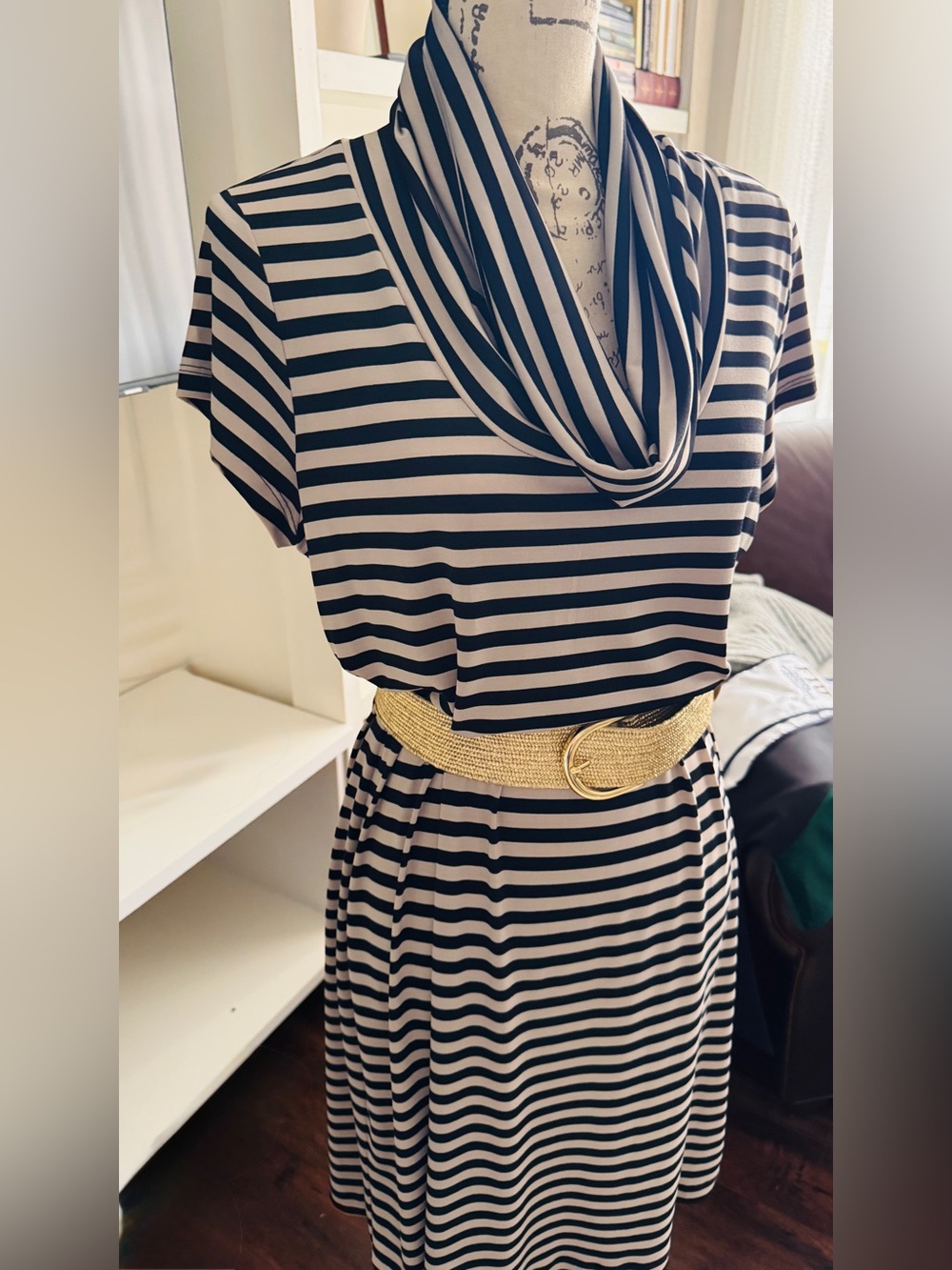 Black and Cream Striped Cowl Neck Dress with Gold Belt